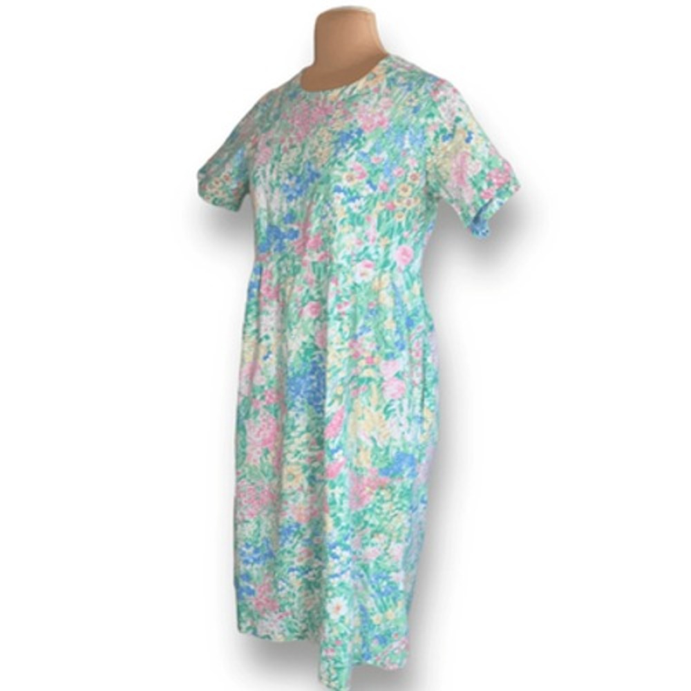 90s Vermont Country Store Pastel Floral Midi Dress Babydoll Waist Garden Party - Picture 4 of 12